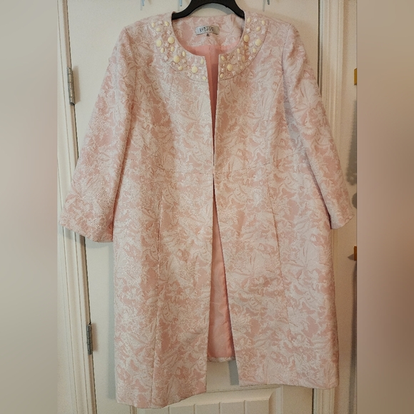 Kasper Jackets & Blazers - Women's Kasper Pink Brocade Long Blazer Beaded Bedazzled Spring 20W New
